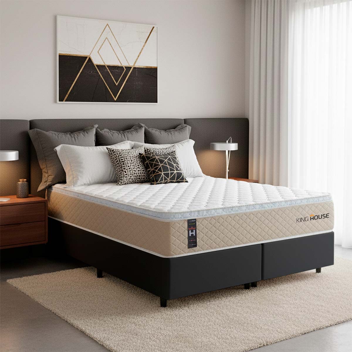 Cama Box Alford Molas Ensacadas  193x203 Bege e Preto Espuma D26 Suporta 110 kg