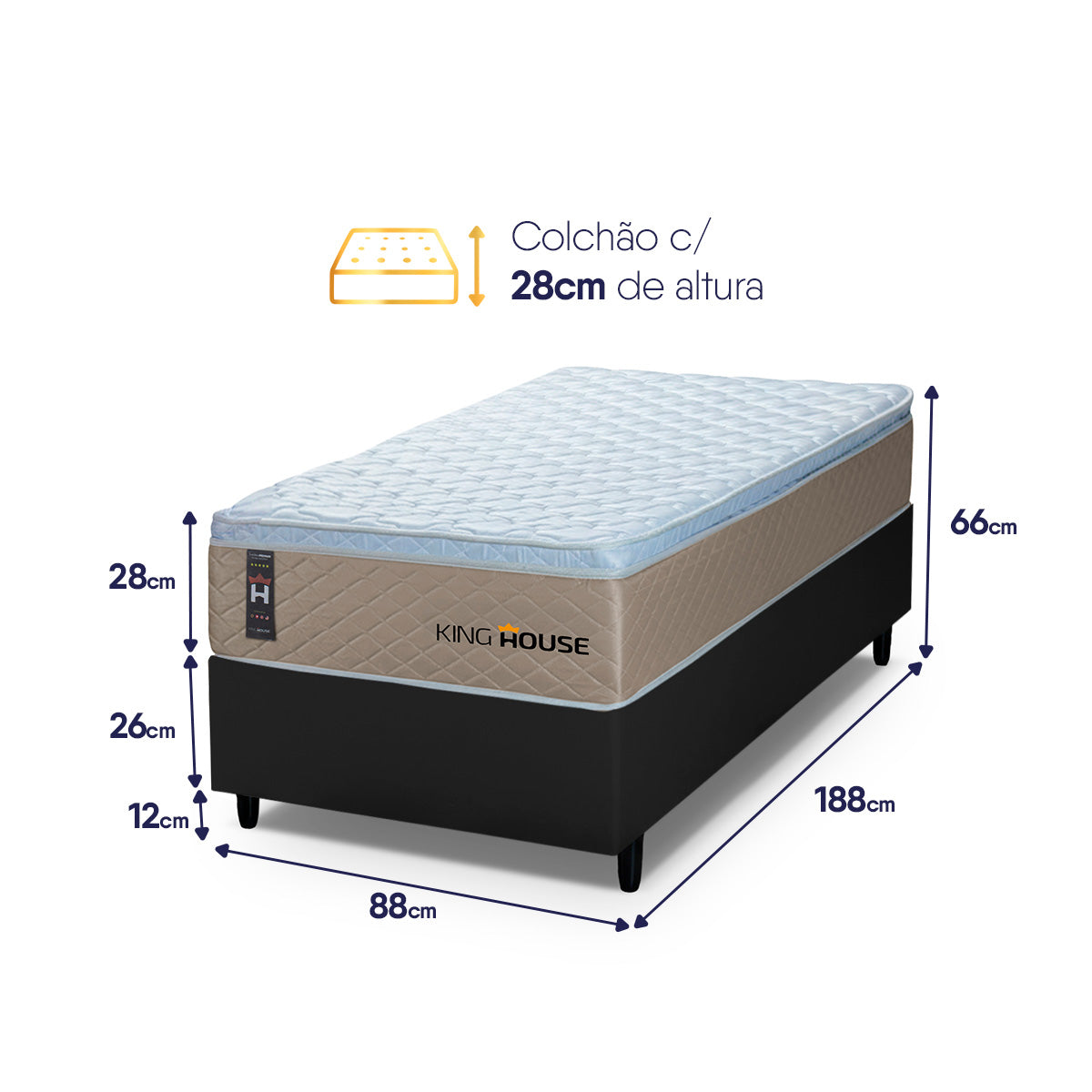Cama Box Molas Ensacadas Alford Solteiro 88x188 Bege e Preto Espuma D26 Suporta 120 kg