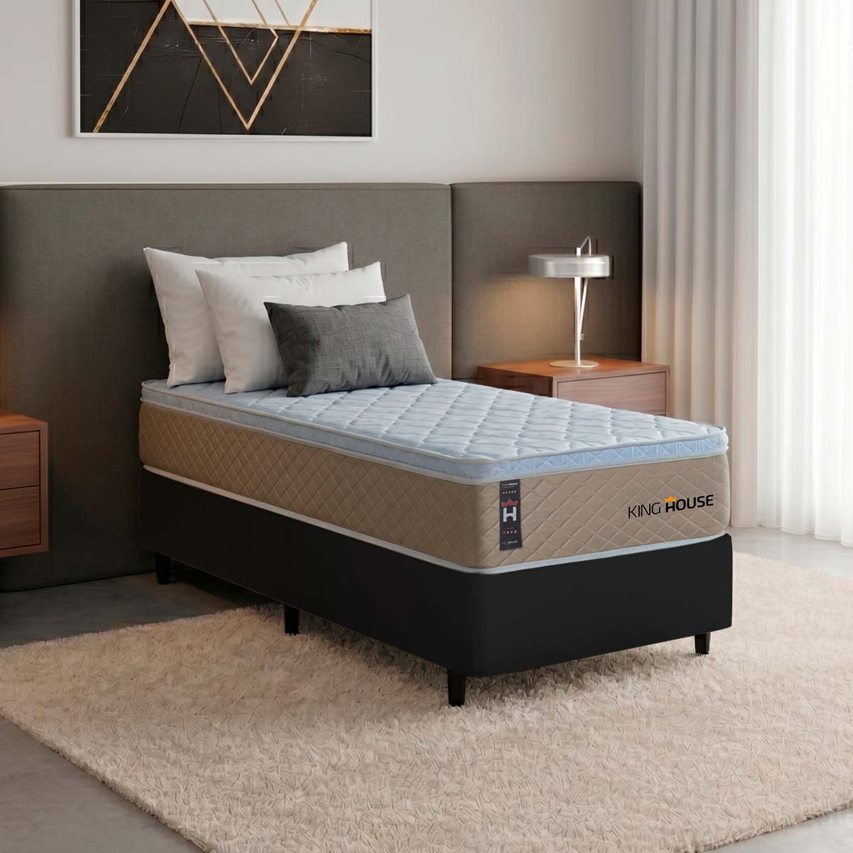 Cama Box Molas Ensacadas Alford Solteirão 96x203 Preto Espuma D26 Suporta 120 Kg Por Pessoa