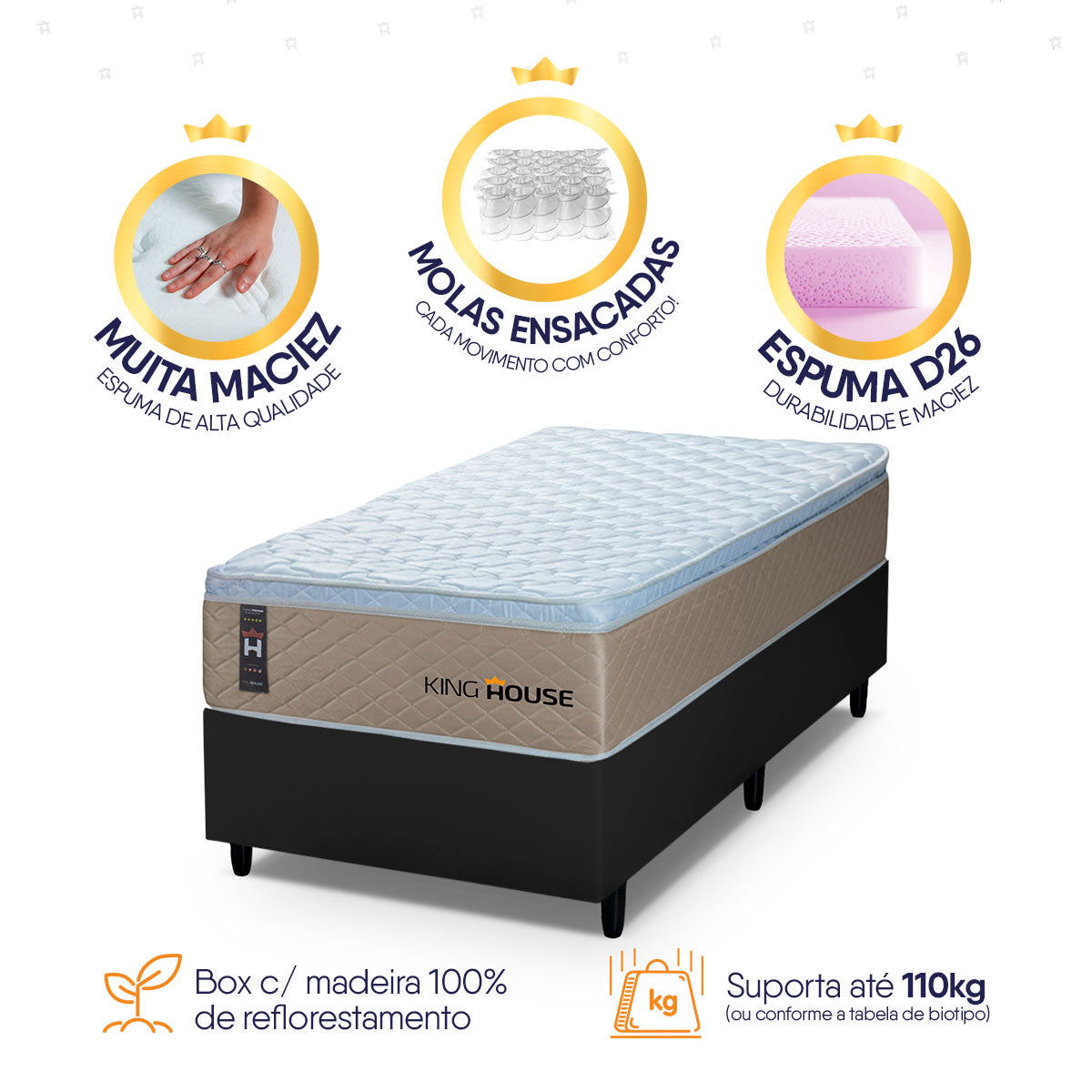 Cama Box Molas Ensacadas Alford Solteirão 96x203 Preto Espuma D26 Suporta 120 Kg Por Pessoa