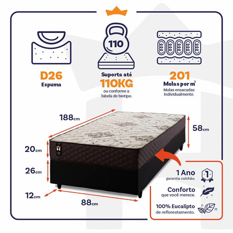 Cama Box Molas Ensacadas Allura Solteiro 88x188 King House