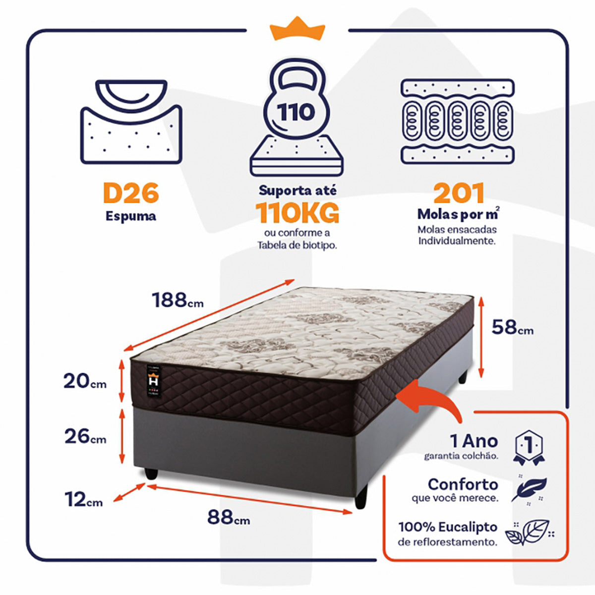 Cama Box Molas Ensacadas Allura Solteiro 88x188 King House
