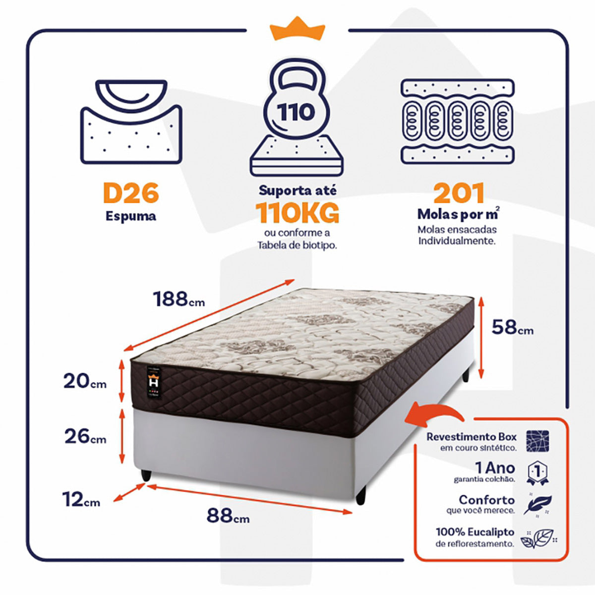 Cama Box Molas Ensacadas Allura Solteiro 88x188 King House