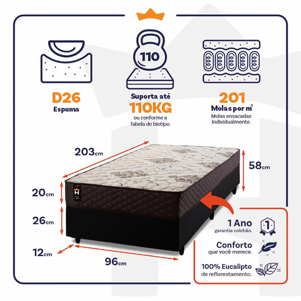 Cama Box Molas Ensacadas Allura Solteirão 96x203 King House