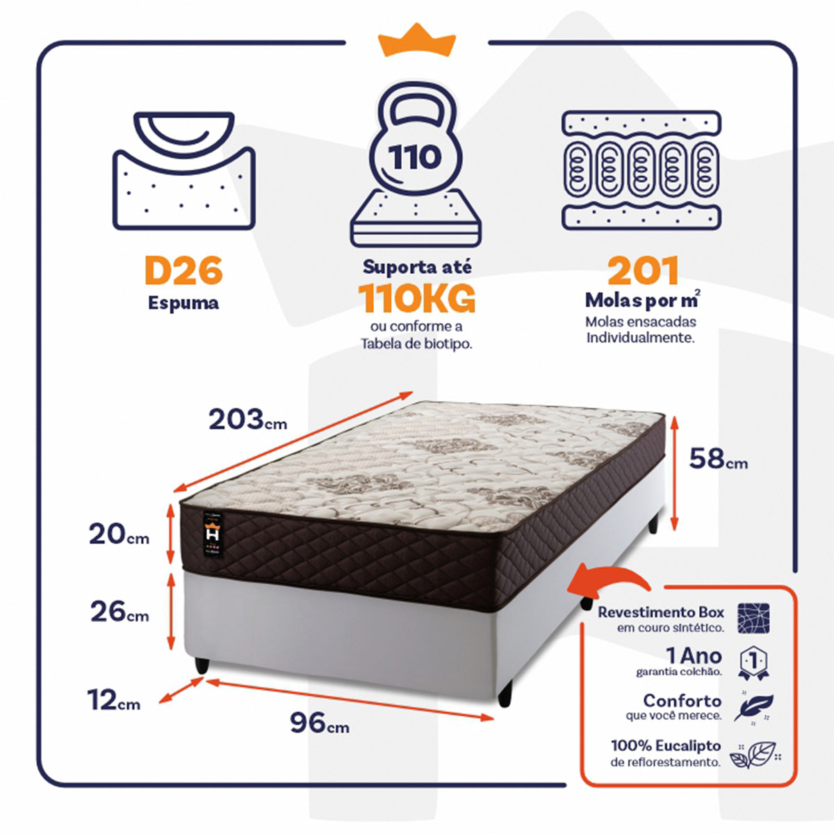 Cama Box Molas Ensacadas Allura Solteirão 96x203 King House