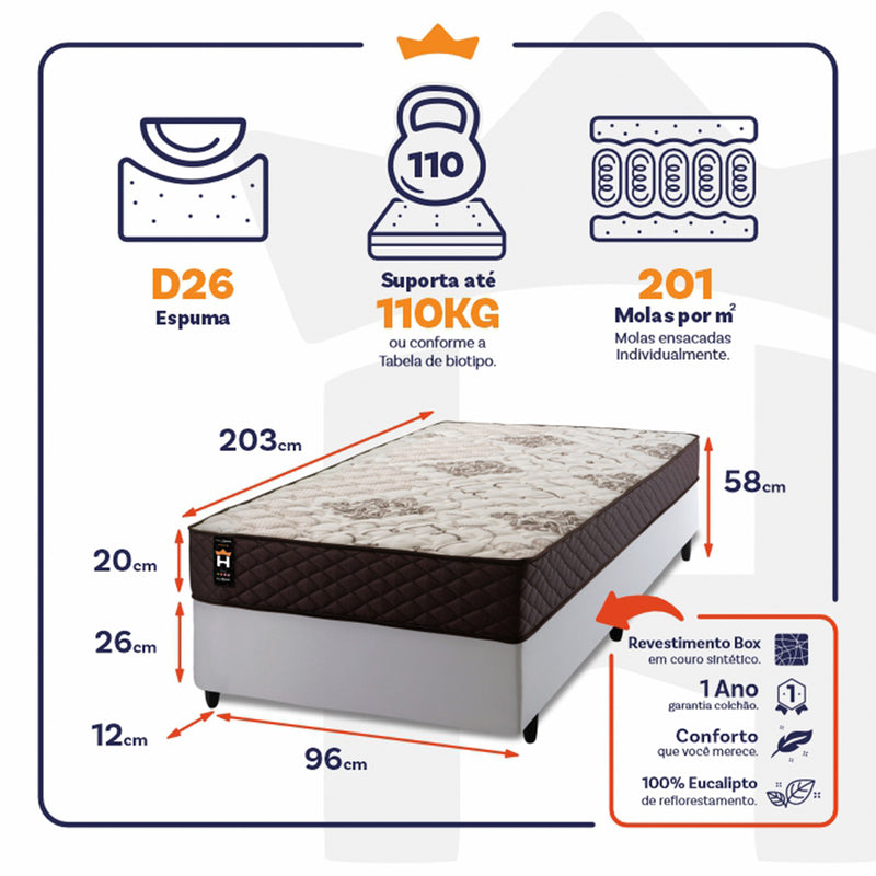 Cama Box Molas Ensacadas Allura Solteirão 96x203 King House