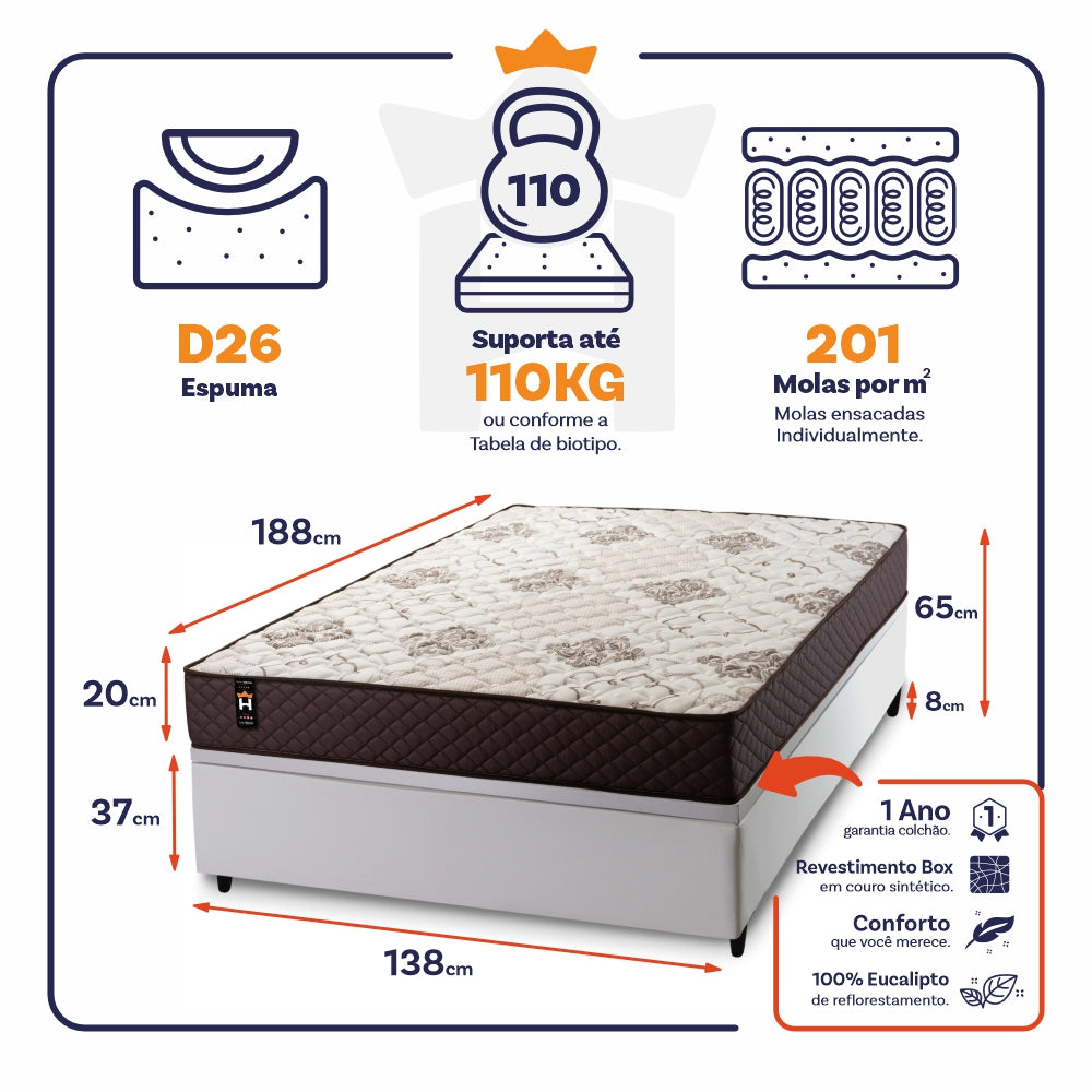 Cama Box Baú Allura 138x188 c/ Molas Ensacadas King House
