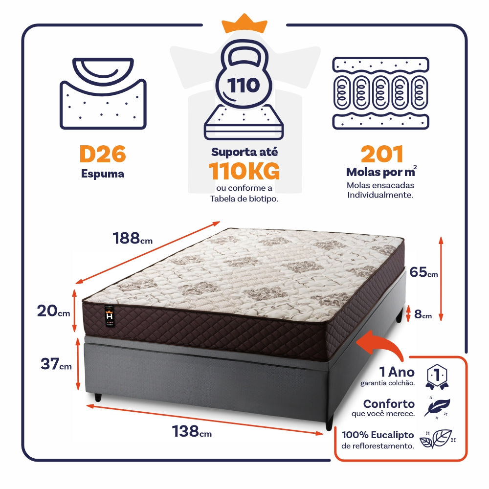 Cama Box Baú Allura 138x188 c/ Molas Ensacadas King House