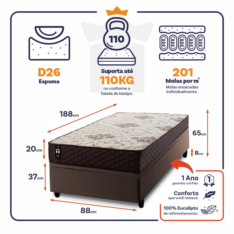 Cama Box Baú Allura 88x188 c/ Molas Ensacadas King House
