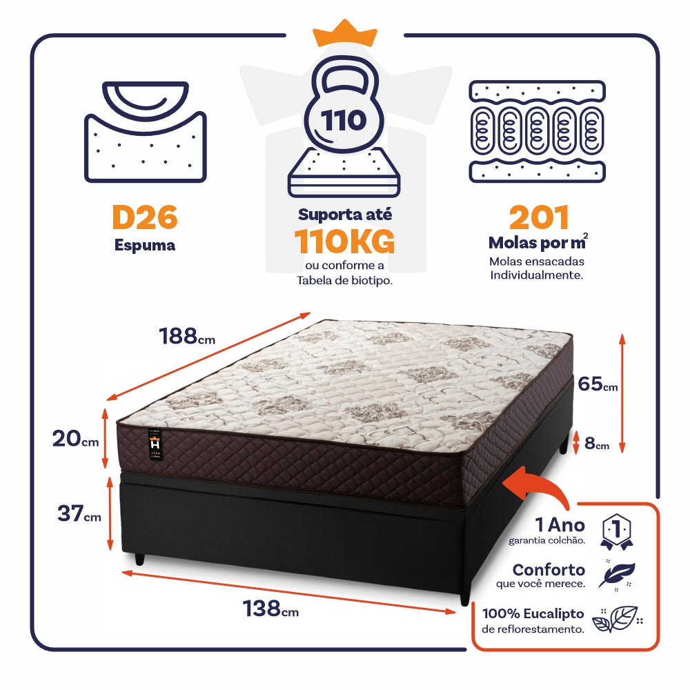 Cama Box Baú Allura 138x188 c/ Molas Ensacadas King House