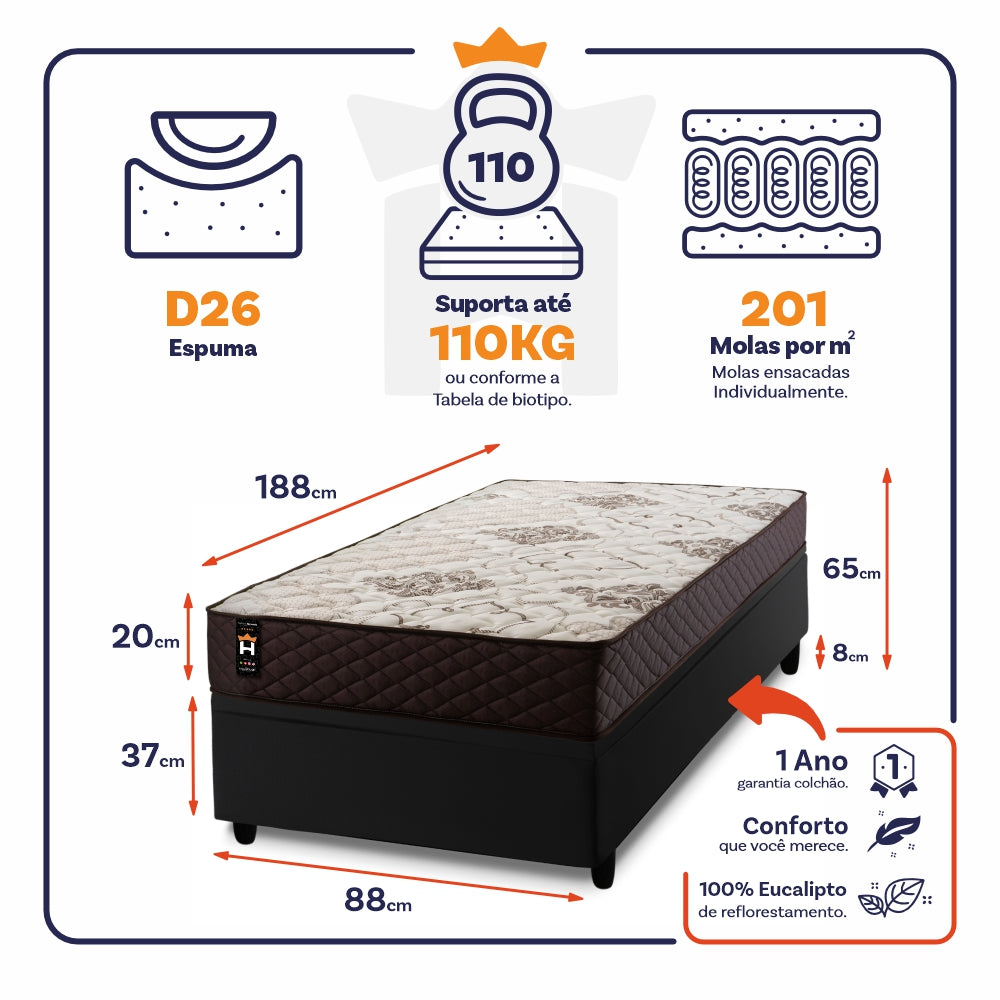 Cama Box Baú Allura 88x188 c/ Molas Ensacadas King House