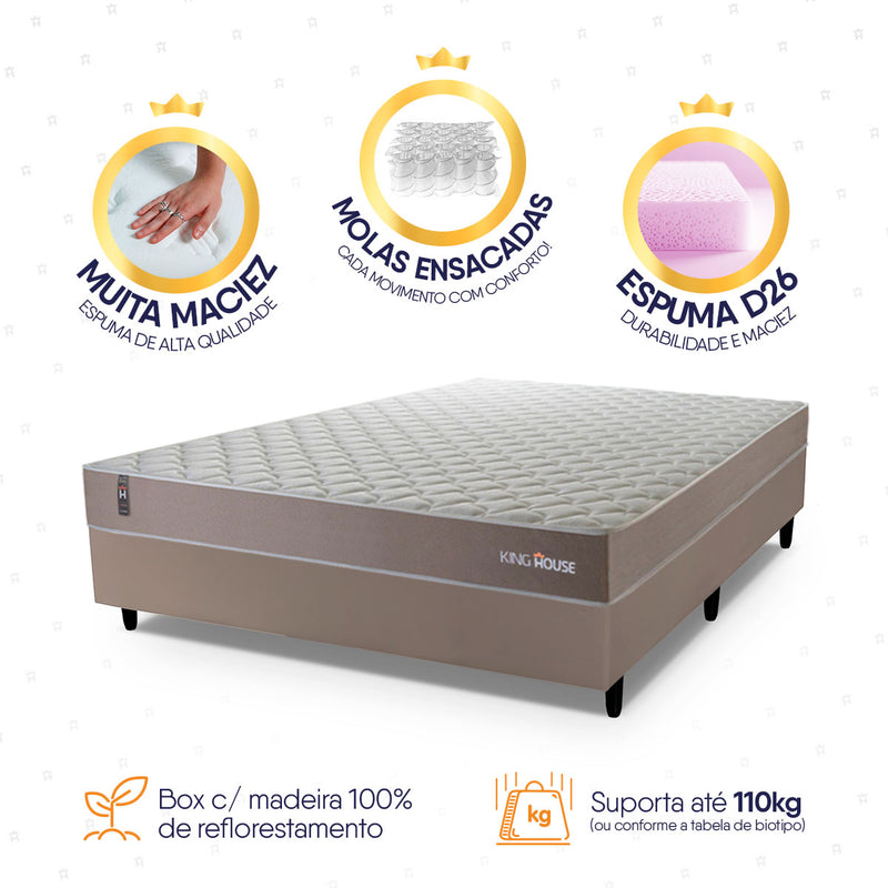 Cama Box Casal Alpha Special Molas Ensacadas Bege Espuma D26 Suporta 110 kg