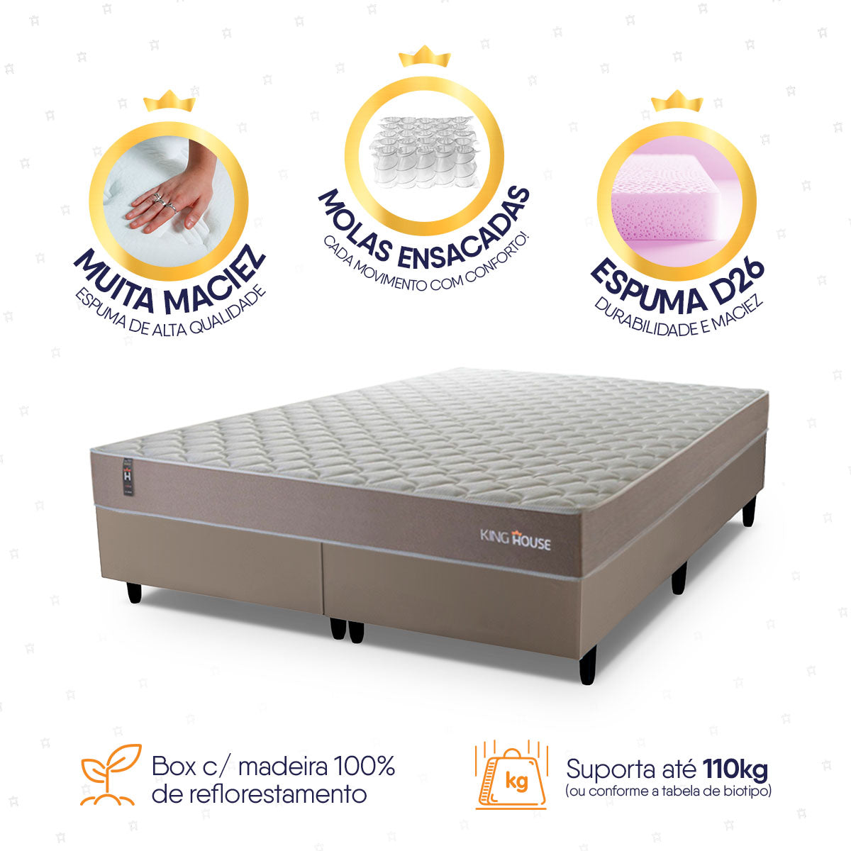 Cama Box Size Alpha Special Queen 158x198 Molas Bege Espuma D26 Suporta 110 Kg Por Pessoa