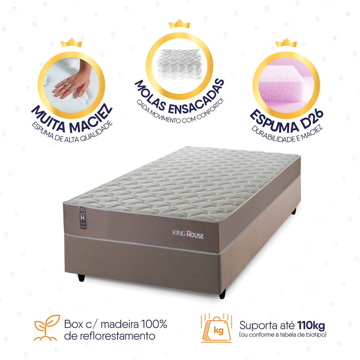 Cama Box Solteiro 88x188 Bege Alpha Special Molas Espuma D26 Suporta 110 Kg Por Pessoa