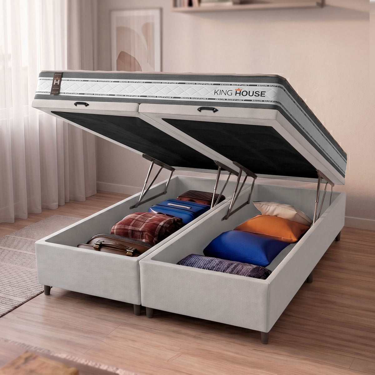 Cama Box Baú Alpine c/ Molas Ensacadas 158x198 Cinza e Branco Espuma D28 Suporta 120 kg