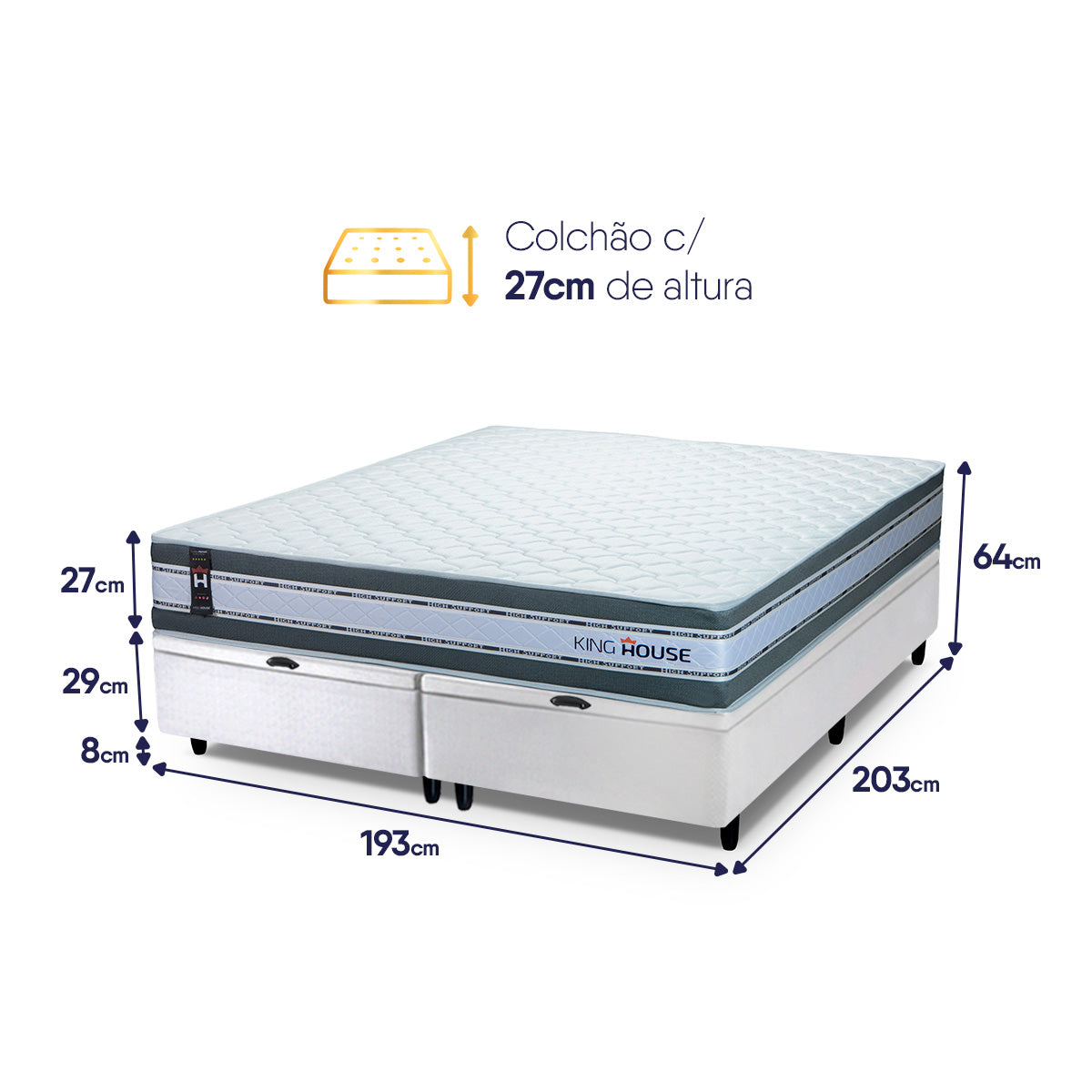Cama Box Baú Alpine c/ Molas Ensacadas 193x203 Cinza e Branco Espuma D28 Suporta 120 kg