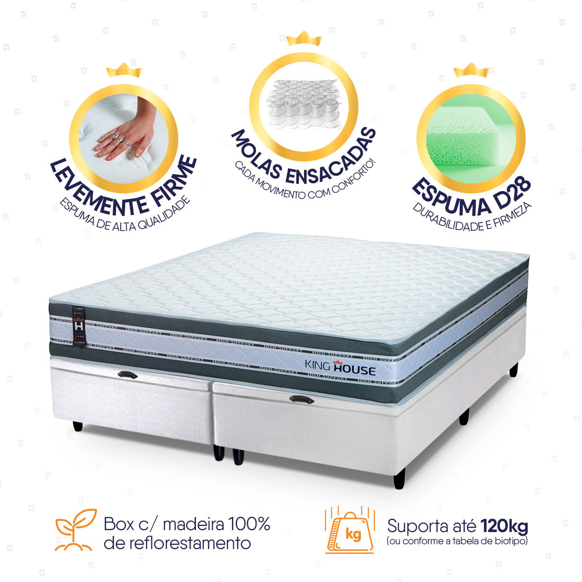 Cama Box Baú Alpine c/ Molas Ensacadas 193x203 Cinza e Branco Espuma D28 Suporta 120 kg