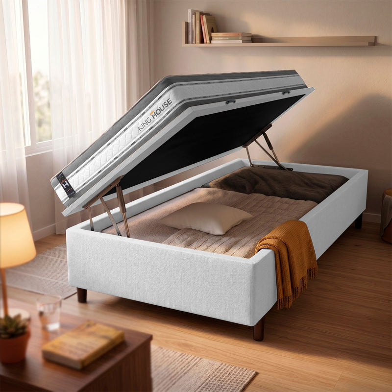 Cama Box Baú Alpine 88x188 Cinza e Branco c/ Molas Ensacadas Espuma D28 Suporta 120 kg