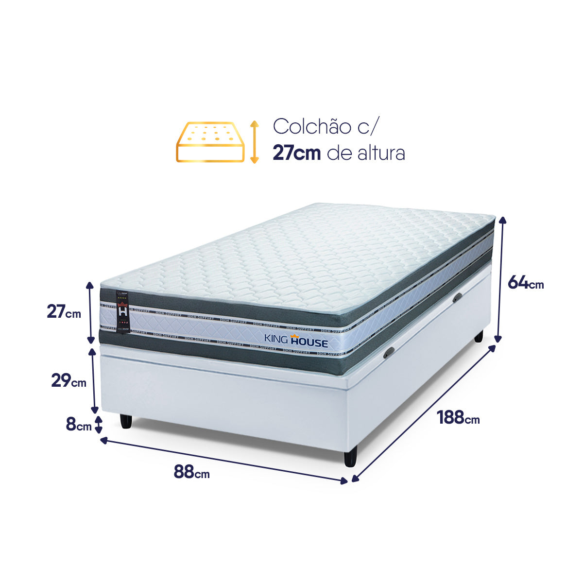 Cama Box Baú Alpine 88x188 Cinza e Branco c/ Molas Ensacadas Espuma D28 Suporta 120 kg