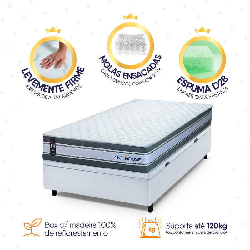 Cama Box Baú Alpine 88x188 Cinza e Branco c/ Molas Ensacadas Espuma D28 Suporta 120 kg