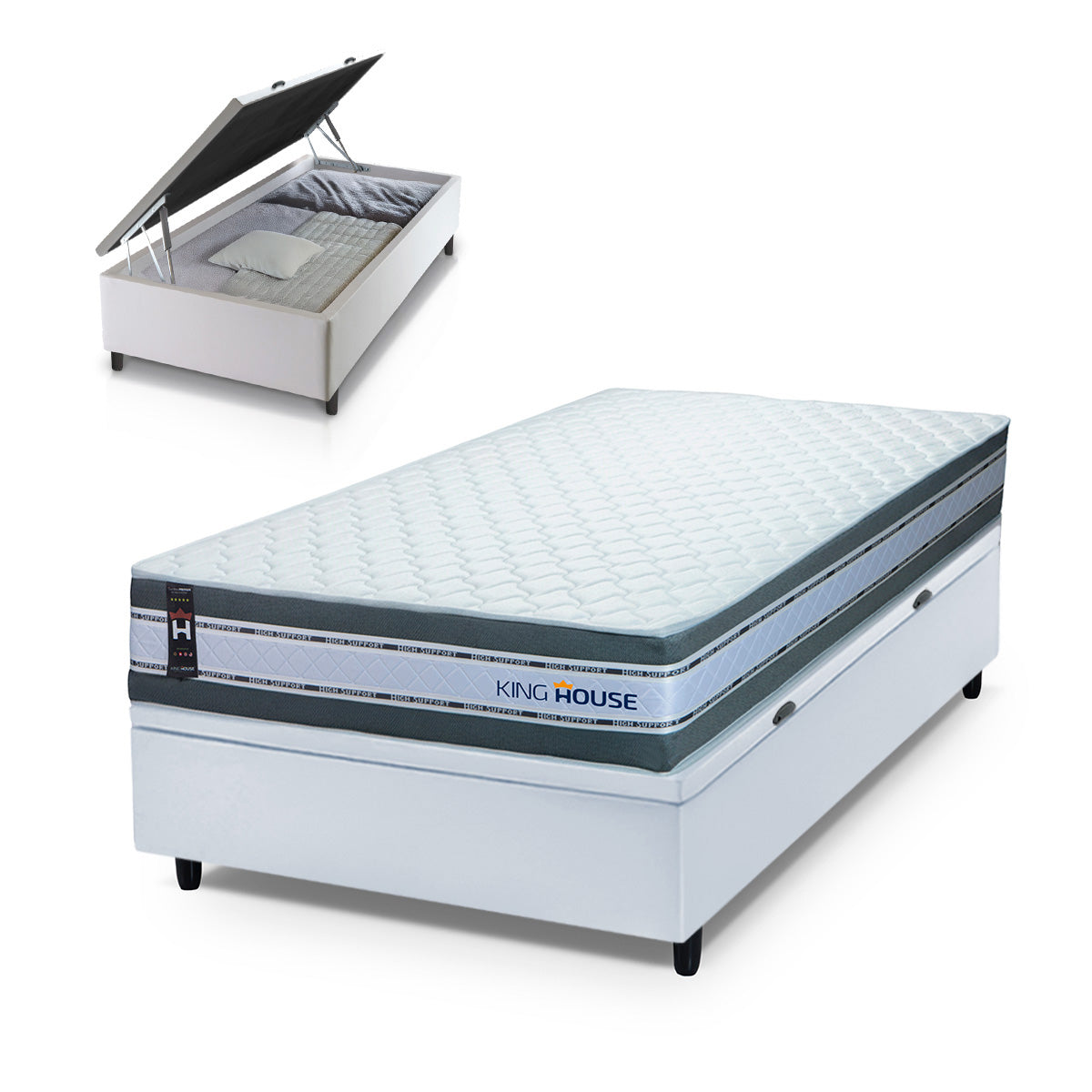 Cama Box Baú Alpine 88x188 Cinza e Branco c/ Molas Ensacadas Espuma D28 Suporta 120 kg