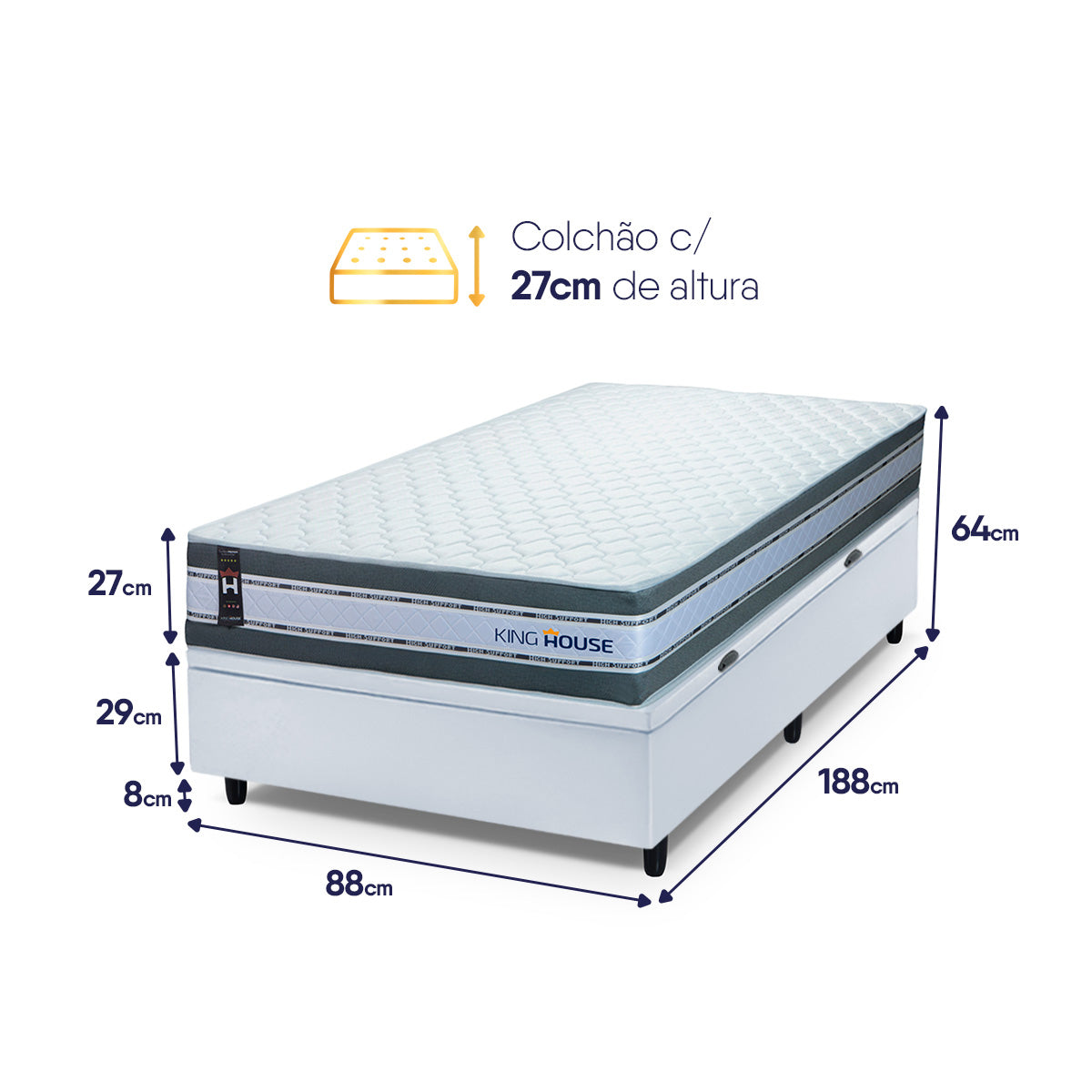 Cama Box Baú Alpine 96x203 Cinza e Branco c/ Molas Ensacadas Espuma D28 Suporta 120 kg