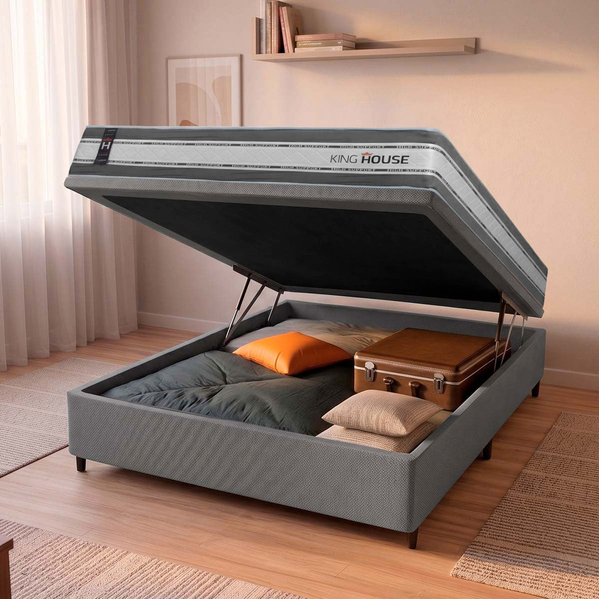 Cama Box Baú Alpine 138x188 Cinza c/ Molas Ensacadas Espuma D28 Suporta 120 kg