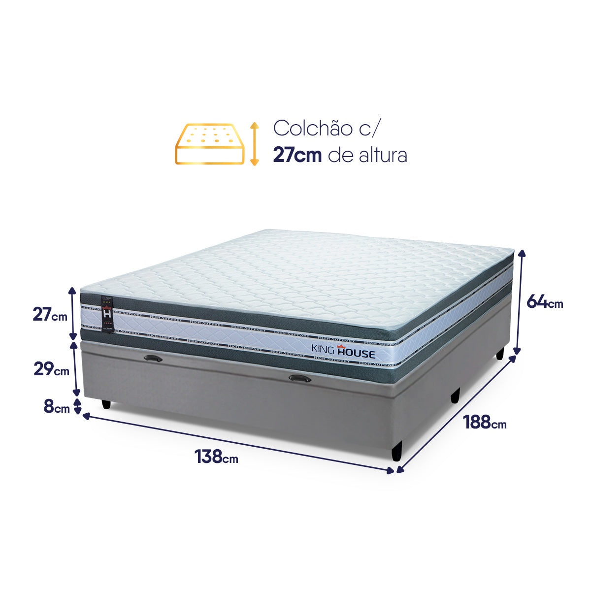 Cama Box Baú Alpine 138x188 Cinza c/ Molas Ensacadas Espuma D28 Suporta 120 kg
