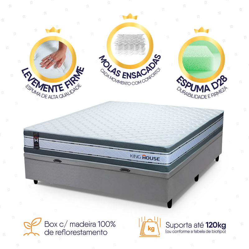Cama Box Baú Alpine 138x188 Cinza c/ Molas Ensacadas Espuma D28 Suporta 120 kg