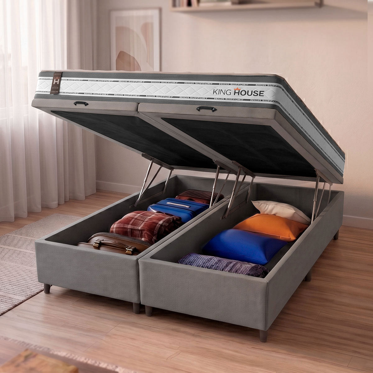 Cama Box Baú Alpine c/ Molas Ensacadas 193x203 Cinza Espuma D28 Suporta 120 kg