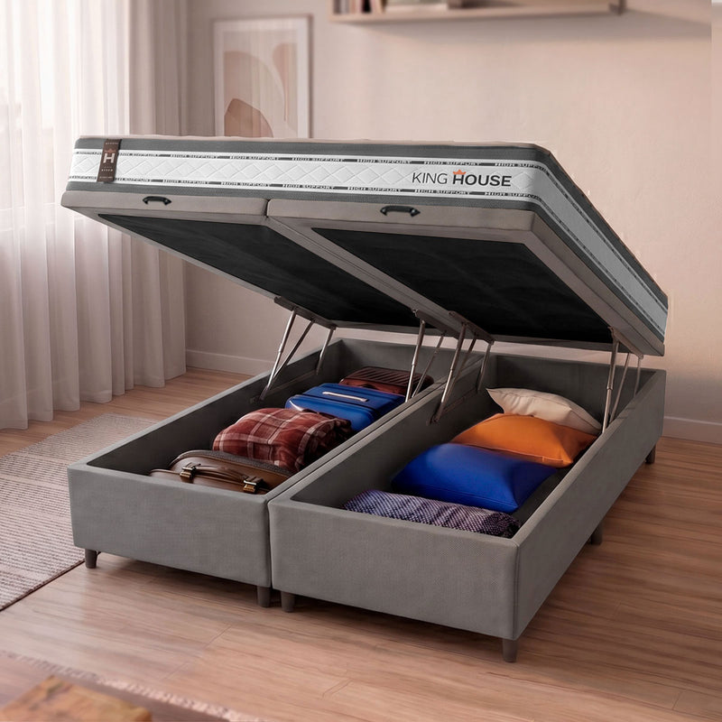 Cama Box Baú Alpine c/ Molas Ensacadas 193x203 Cinza Espuma D28 Suporta 120 kg