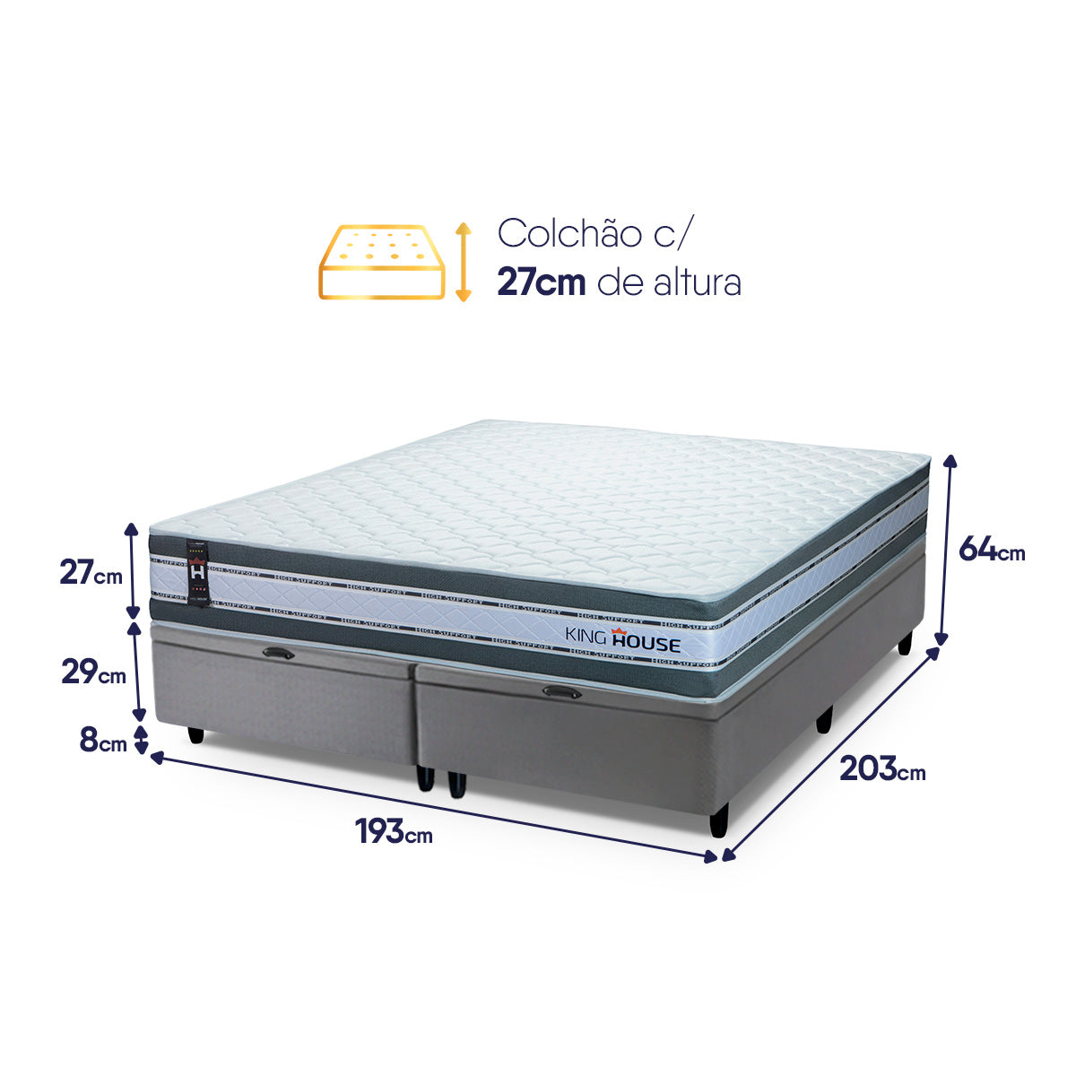 Cama Box Baú Alpine c/ Molas Ensacadas 193x203 Cinza Espuma D28 Suporta 120 kg