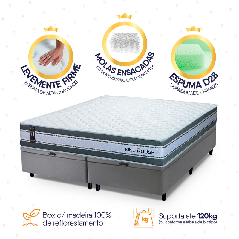 Cama Box Baú Alpine c/ Molas Ensacadas 193x203 Cinza Espuma D28 Suporta 120 kg