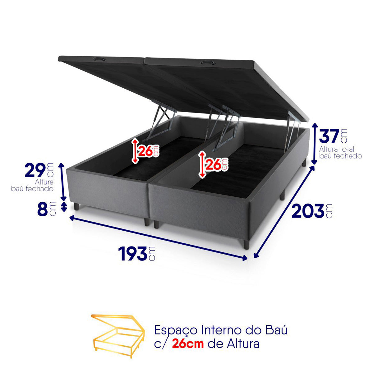 Cama Box Baú Alpine c/ Molas Ensacadas 193x203 Cinza Espuma D28 Suporta 120 kg