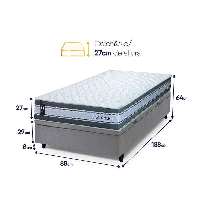 Cama Box Baú Alpine 88x188 Cinza c/ Molas Ensacadas Espuma D28 Suporta 120 kg