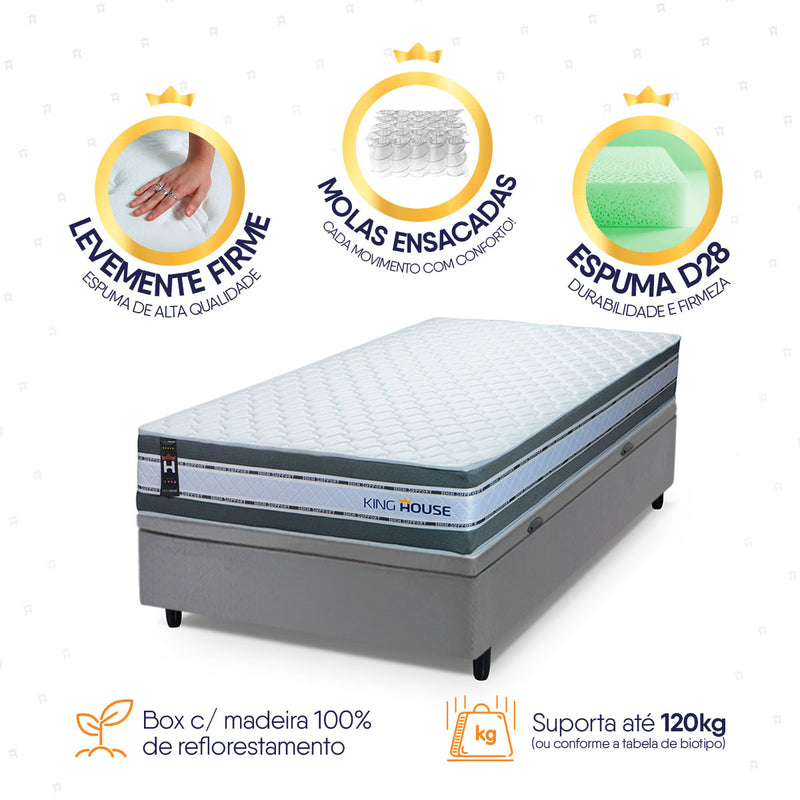 Cama Box Baú Alpine 88x188 Cinza c/ Molas Ensacadas Espuma D28 Suporta 120 kg