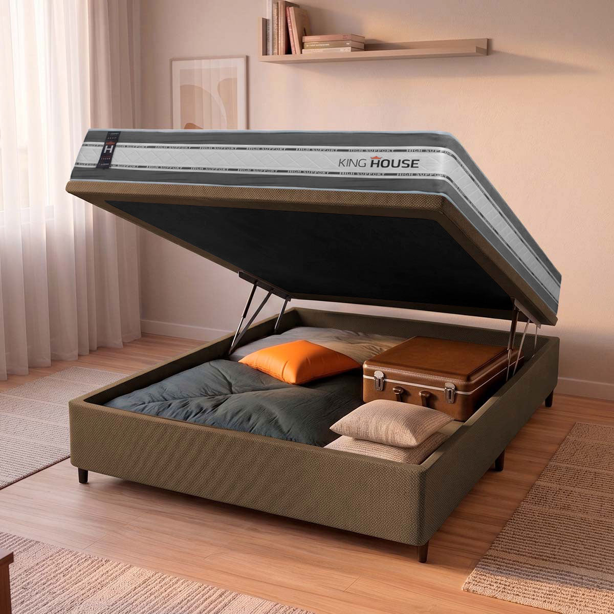 Cama Box Baú Alpine 138x188 Cinza e Marrom c/ Molas Ensacadas Espuma D28 Suporta 120 kg