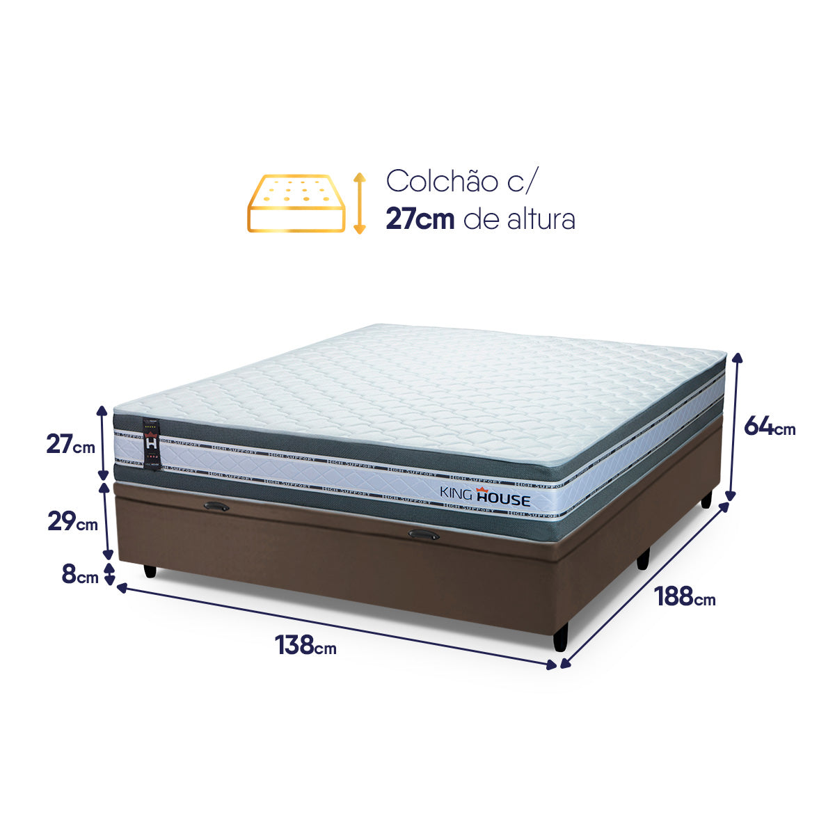 Cama Box Baú Alpine 138x188 Cinza e Marrom c/ Molas Ensacadas Espuma D28 Suporta 120 kg