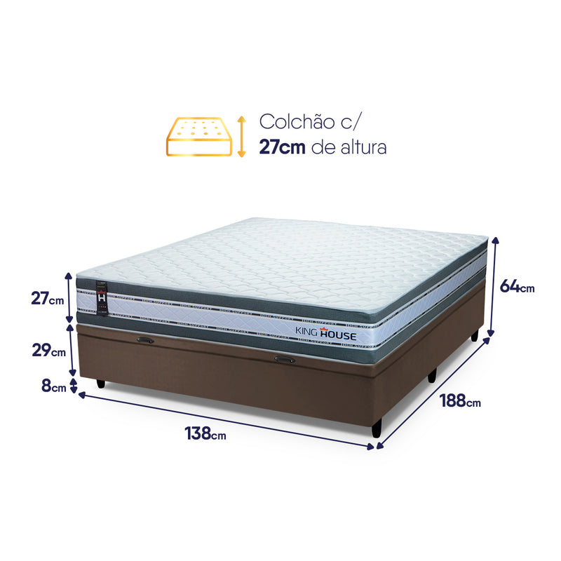 Cama Box Baú Alpine 138x188 Cinza e Marrom c/ Molas Ensacadas Espuma D28 Suporta 120 kg