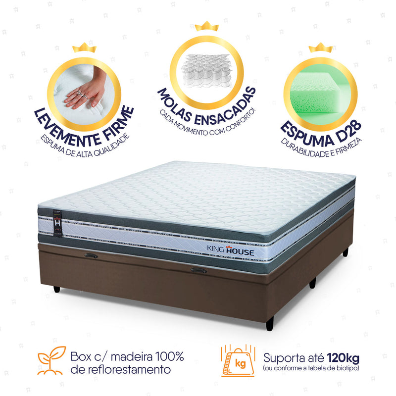 Cama Box Baú Alpine 138x188 Cinza e Marrom c/ Molas Ensacadas Espuma D28 Suporta 120 kg