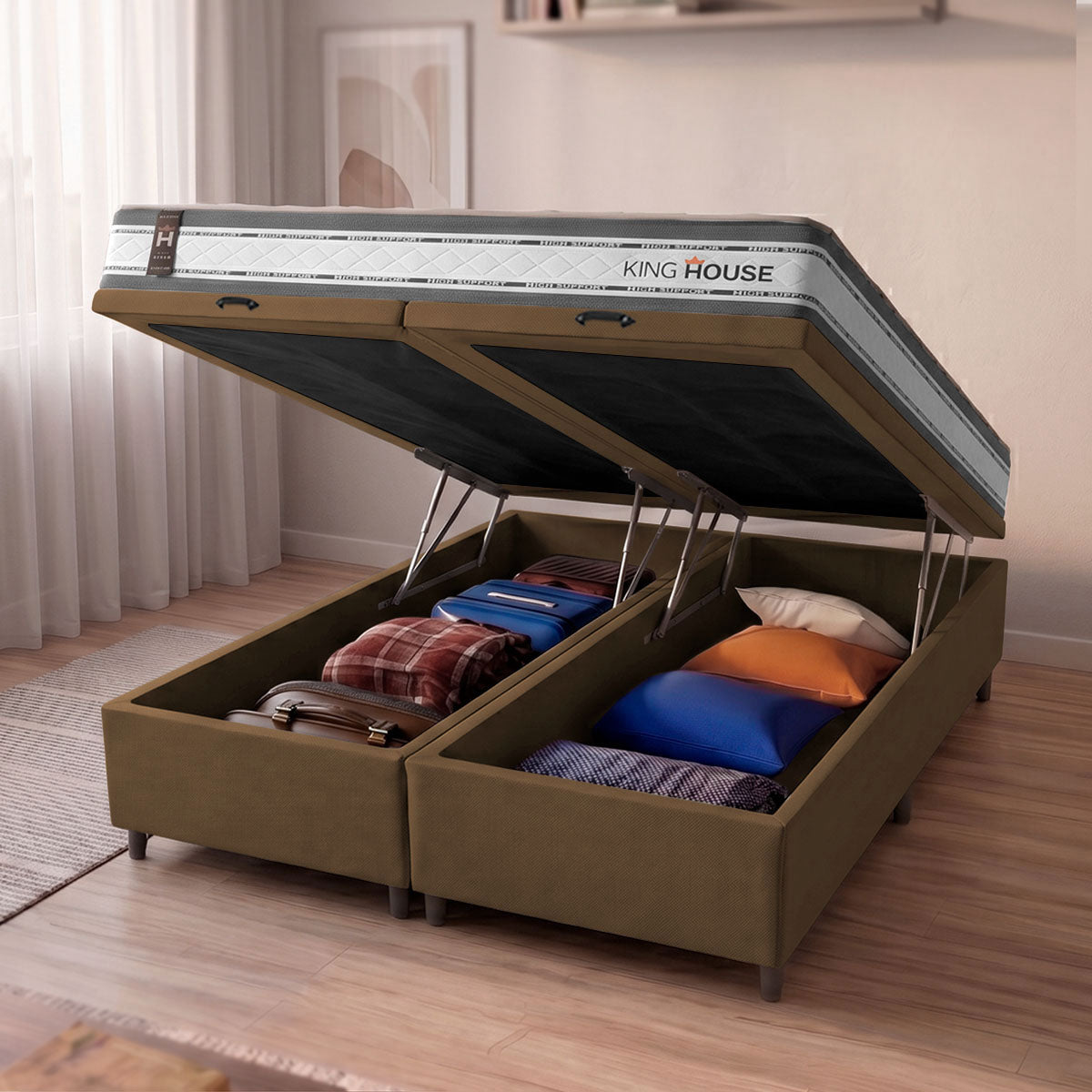 Cama Box Baú Alpine c/ Molas Ensacadas 158x198 Cinza e Marrom Espuma D28 Suporta 120 kg