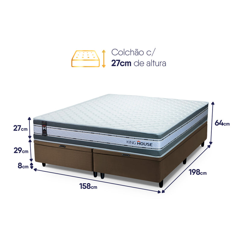 Cama Box Baú Alpine c/ Molas Ensacadas 158x198 Cinza e Marrom Espuma D28 Suporta 120 kg