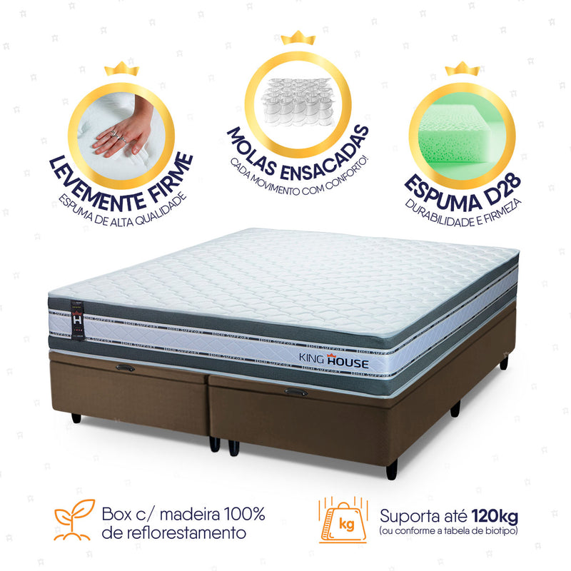Cama Box Baú Alpine c/ Molas Ensacadas 158x198 Cinza e Marrom Espuma D28 Suporta 120 kg