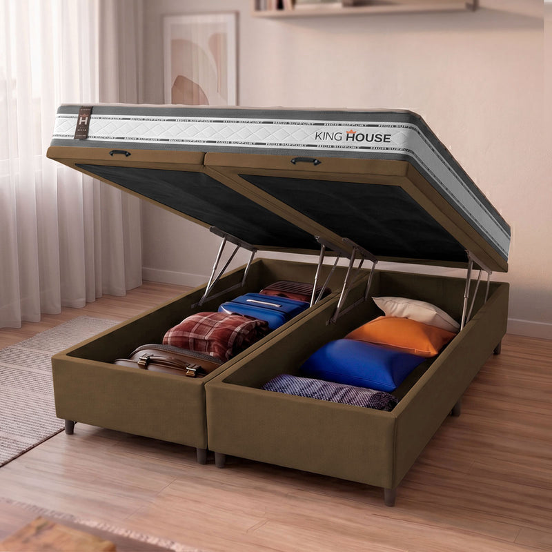 Cama Box Baú Alpine c/ Molas Ensacadas 193x203 Cinza e Marrom Espuma D28 Suporta 120 kg