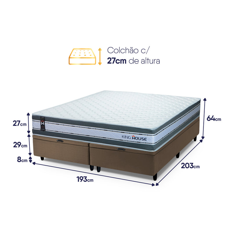 Cama Box Baú Alpine c/ Molas Ensacadas 193x203 Cinza e Marrom Espuma D28 Suporta 120 kg