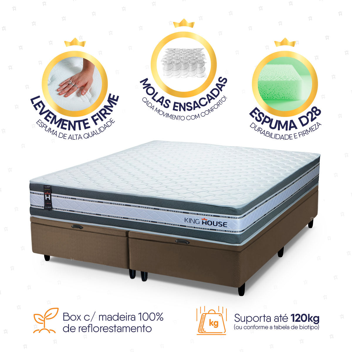 Cama Box Baú Alpine c/ Molas Ensacadas 193x203 Cinza e Marrom Espuma D28 Suporta 120 kg
