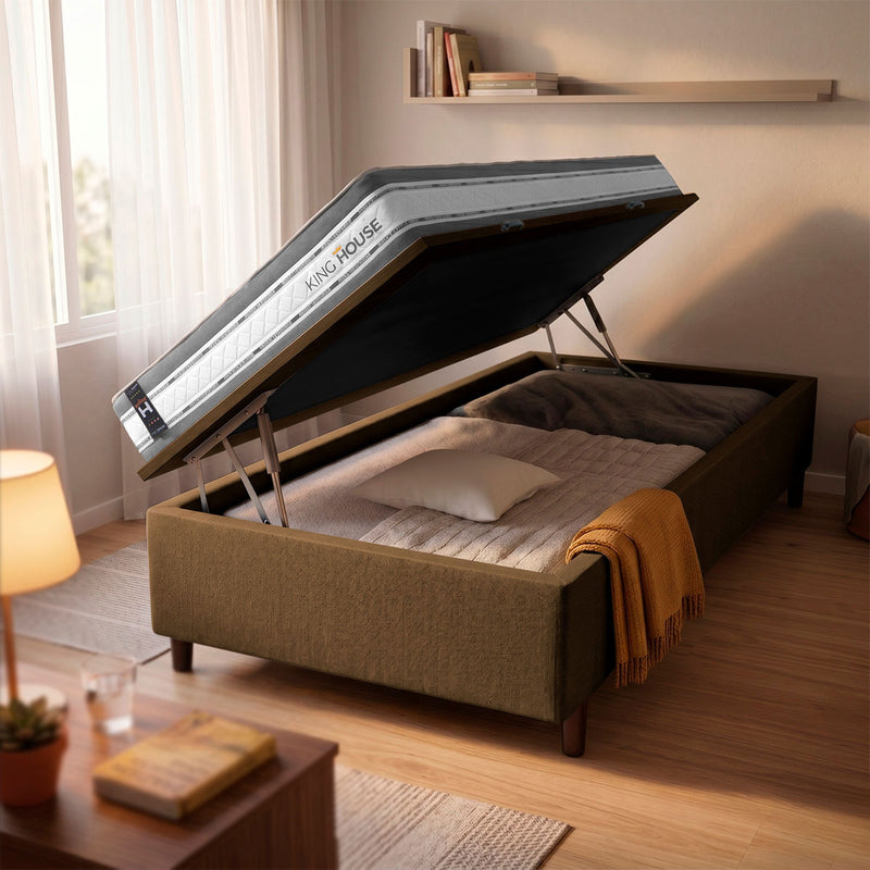 Cama Box Baú Alpine 88x188 Cinza e Marrom c/ Molas Ensacadas Espuma D28 Suporta 120 kg