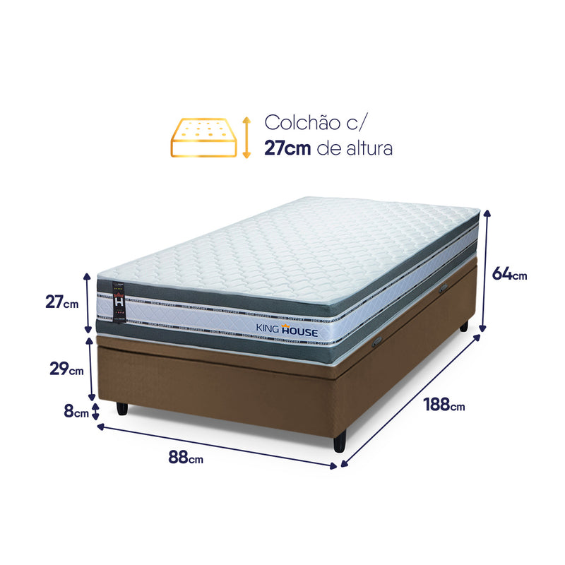 Cama Box Baú Alpine 88x188 Cinza e Marrom c/ Molas Ensacadas Espuma D28 Suporta 120 kg