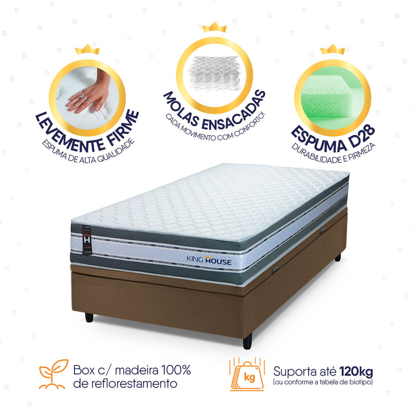 Cama Box Baú Alpine 88x188 Cinza e Marrom c/ Molas Ensacadas Espuma D28 Suporta 120 kg