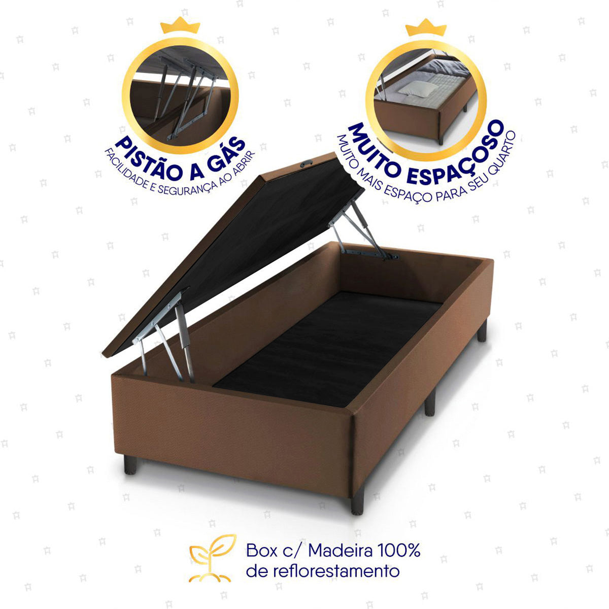 Cama Box Baú Alpine 96x203 Cinza e Marrom c/ Molas Ensacadas Espuma D28 Suporta 120 kg